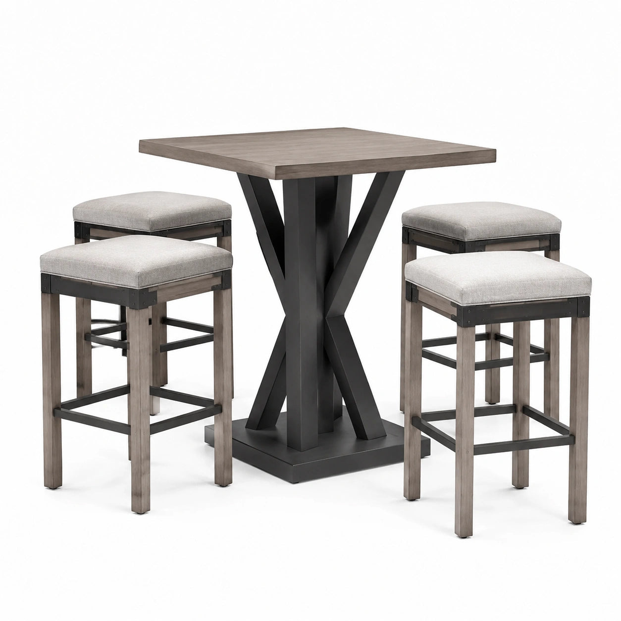 Quadratisches Bartisch-Set aus Holz und Metall mit 4 Hockern Grau/Beige