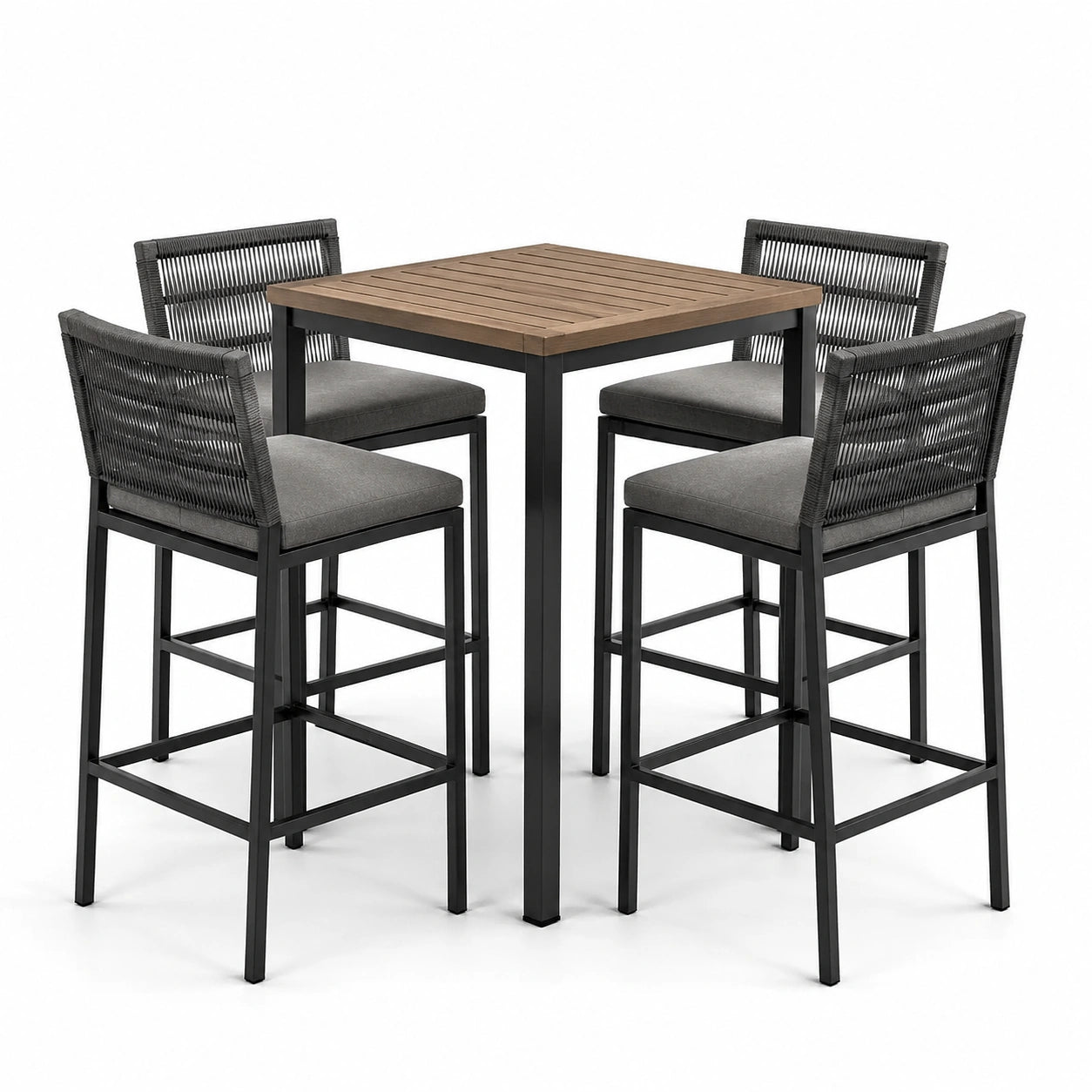 Quadratisches Bartisch-Set aus Akazienholz und Stahl in Braun/Grau