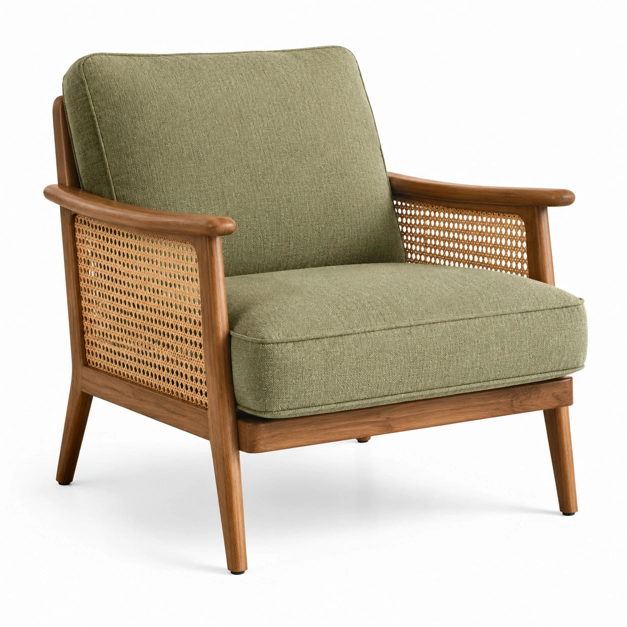 Grüner Leinenmix Sessel mit Rattan und Holz