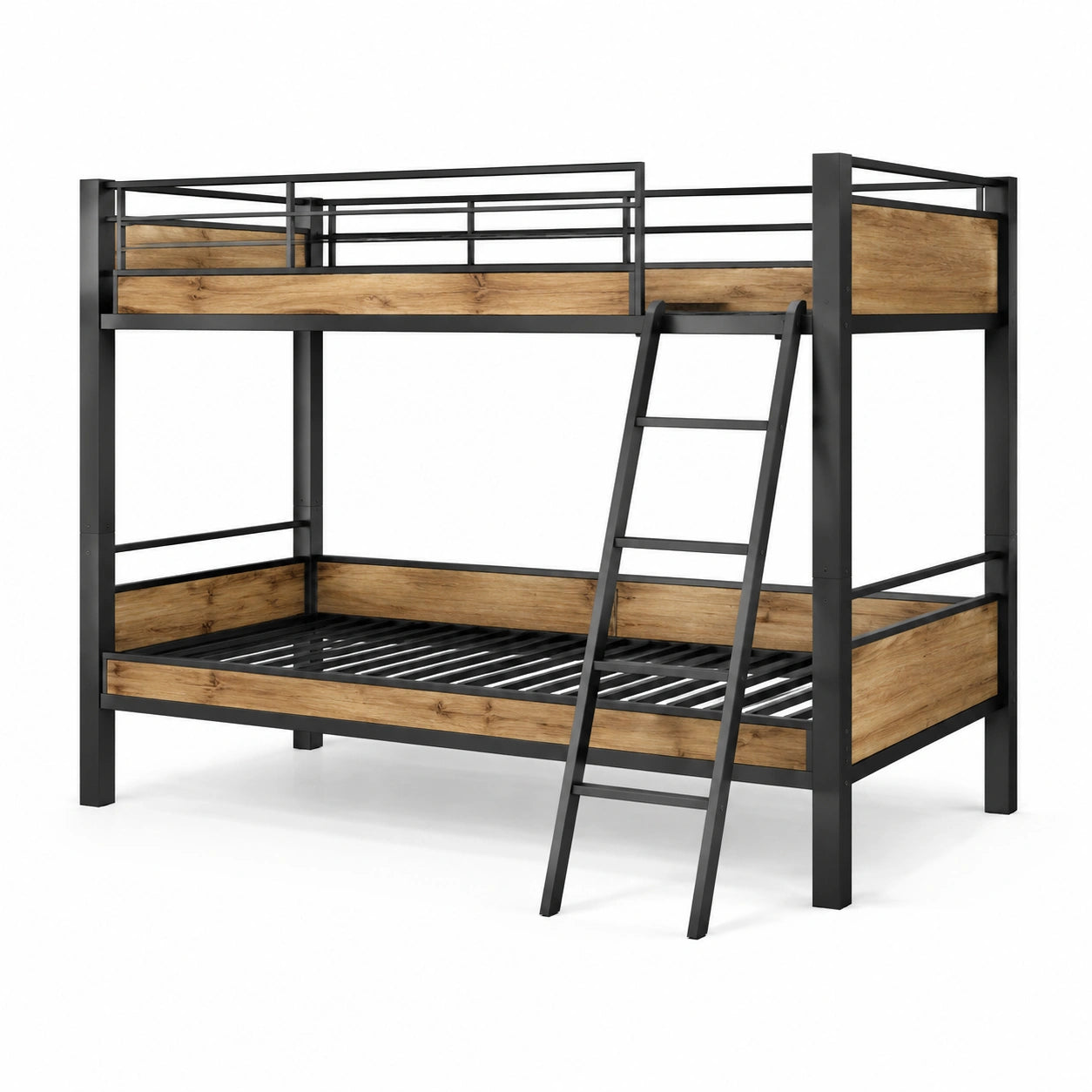 Metall-Etagenbett Schwarz und Eiche 200x90 cm mit Stahl und Eichefurnier