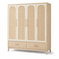 Holz- und Rattankleiderschrank mit vier Türen und zwei Schubladen, beige