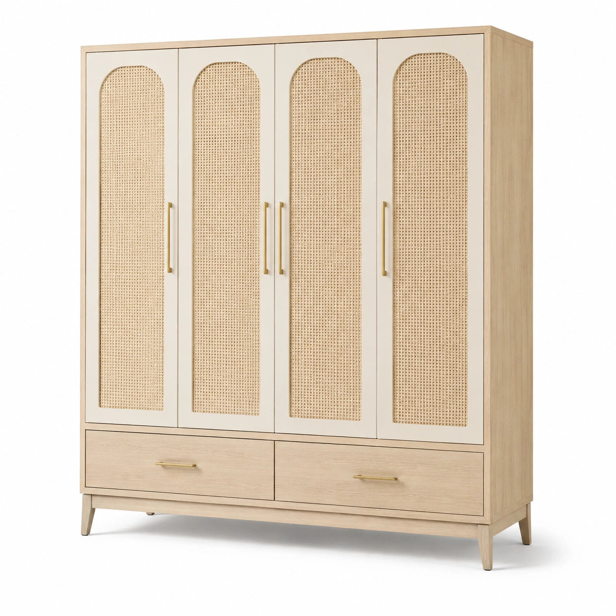Holz- und Rattankleiderschrank mit vier Türen und zwei Schubladen, beige